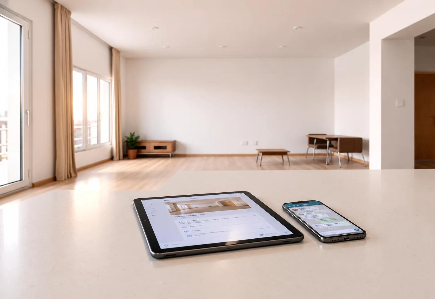 Apartamento claro com tablet exibindo anúncio imobiliário e celular com conversa no WhatsApp sobre a bancada